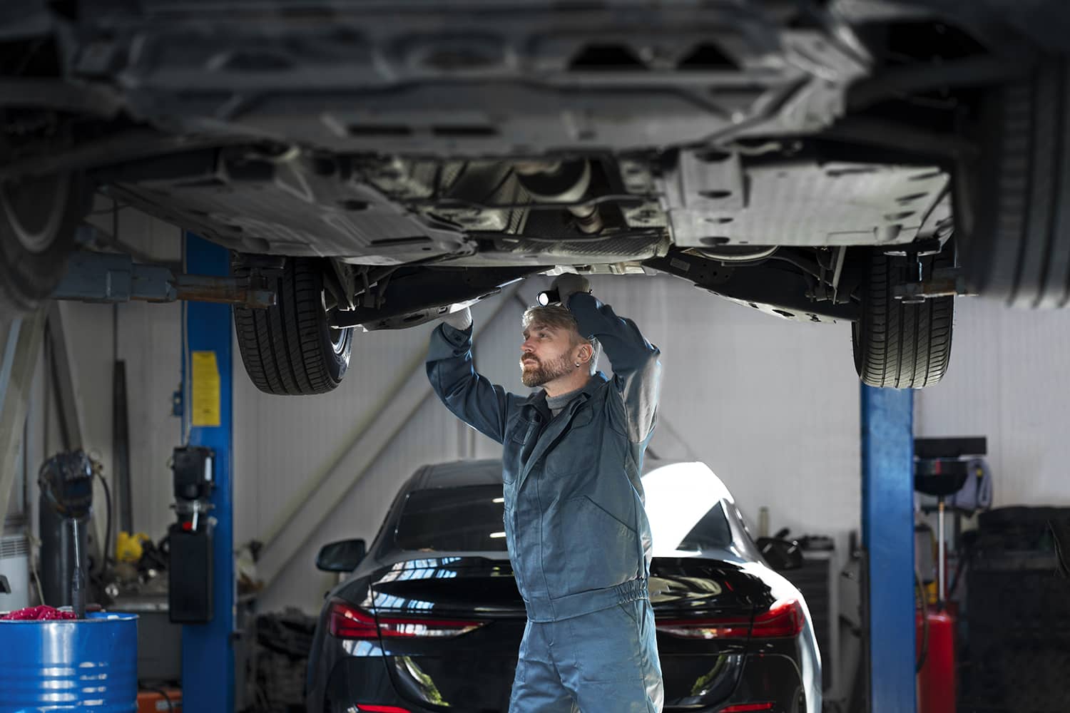 Technician checking the underside of a car on a workshop lift