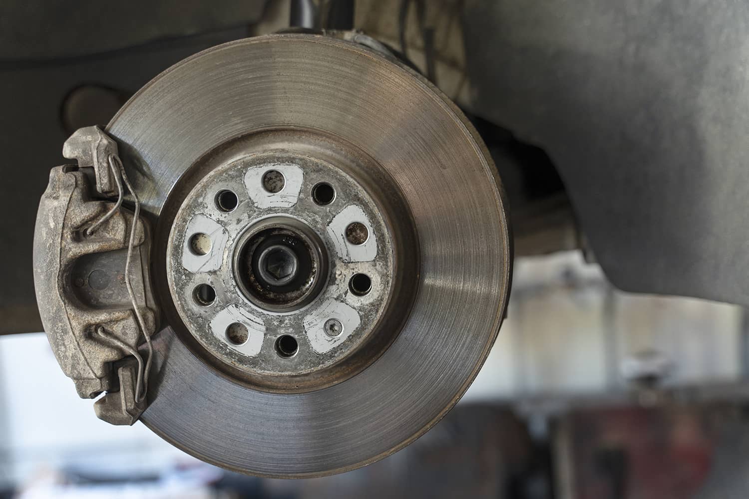 Brake disc and caliper with the wheel removed