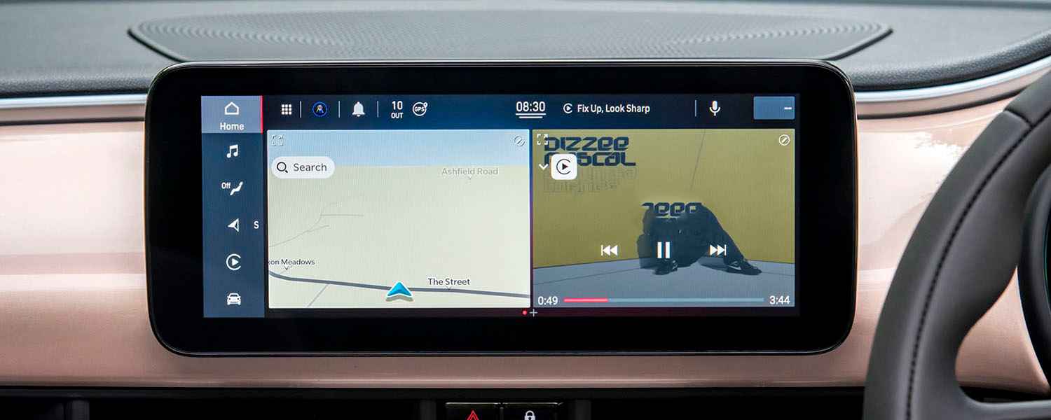Wide built-in navigation display showing a map and route information