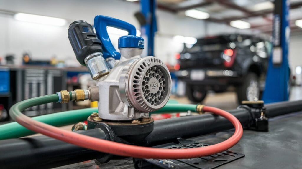 Fuel pressure regulator of car being inspected in the workshop.