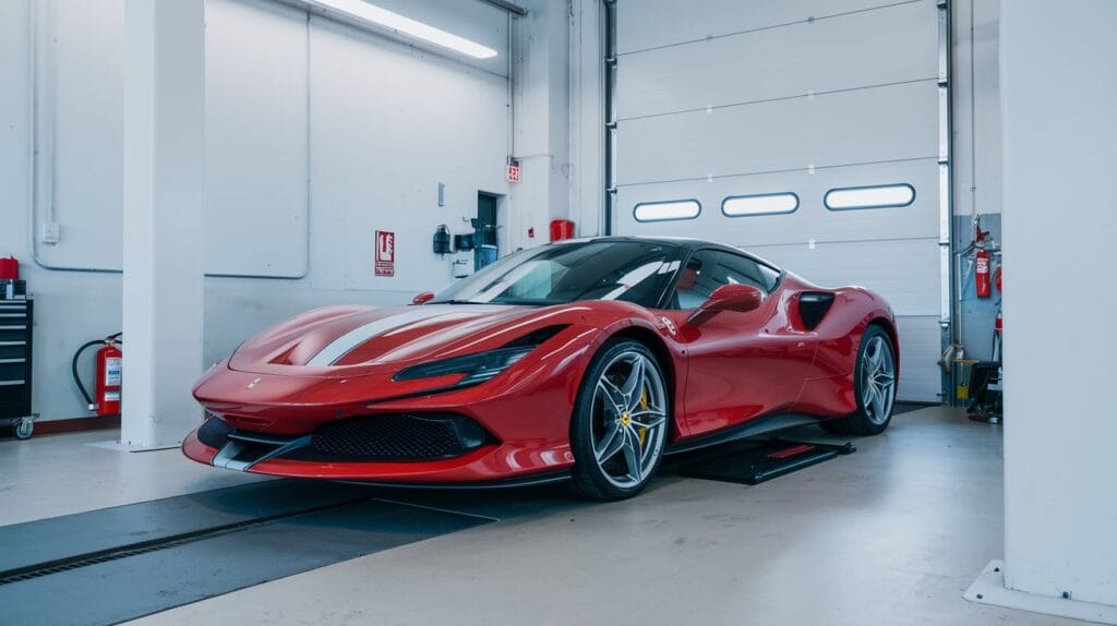 A Ferrari on a hydraulic lift ready to be fully serviced.