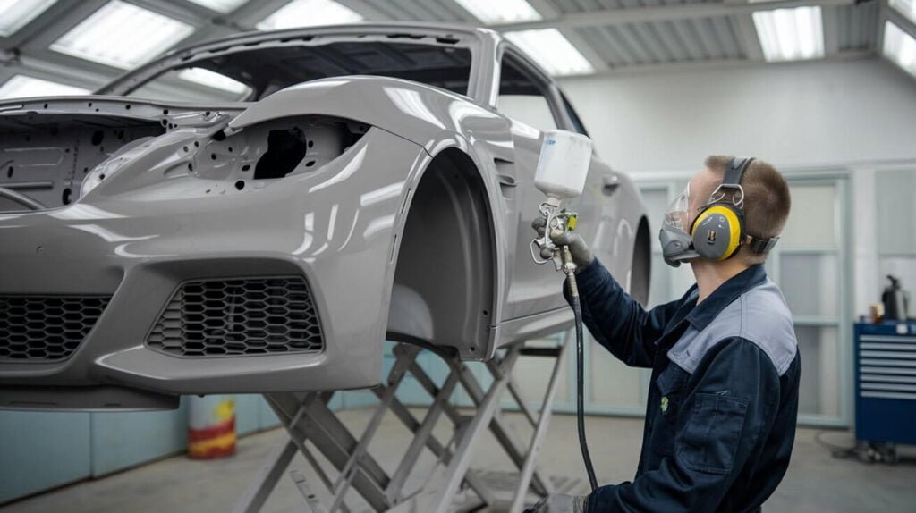 Car in a workshop undergoing paint restoration.