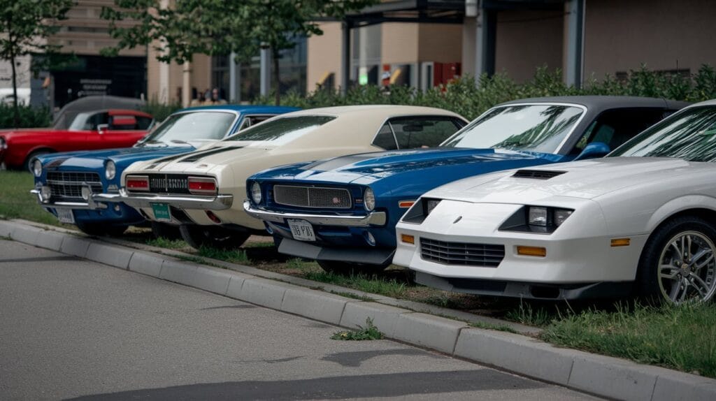 classic american cars parked in a parking lot