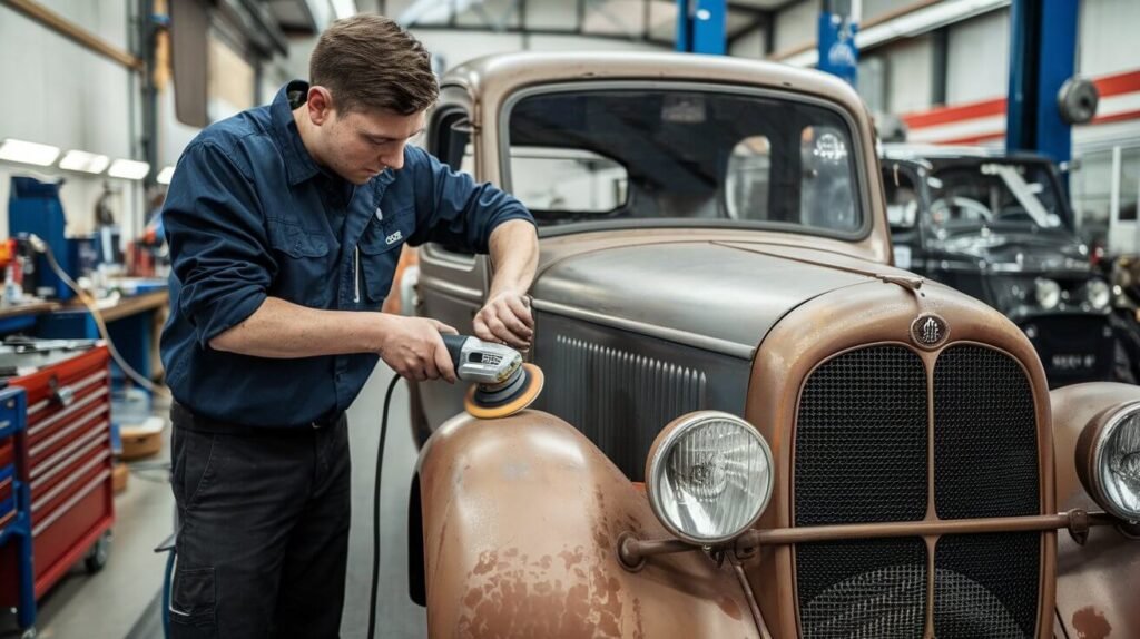 Polishing a car after applying new paint coat.