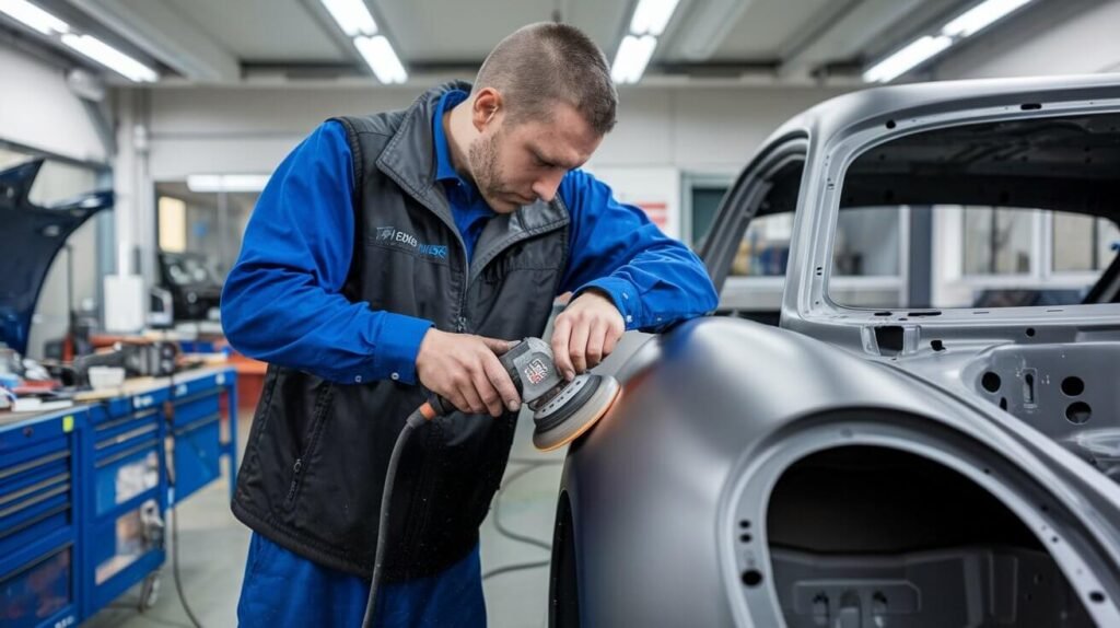 Technician inspecting car surface before repainting.