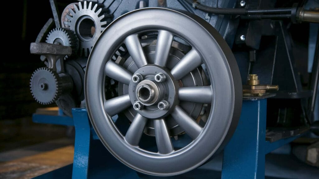 Close-up of a flywheel with uneven surface damage, indicating clutch slippage.