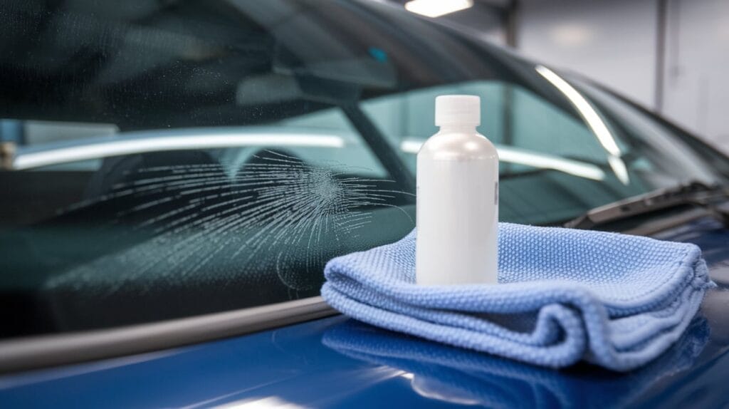 Close-up of a car window with visible light scratches on the glass surface.