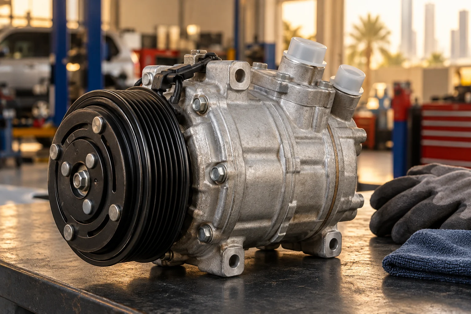 Air conditioning compressor with a grooved pulley, clutch face and capped ports on a workbench