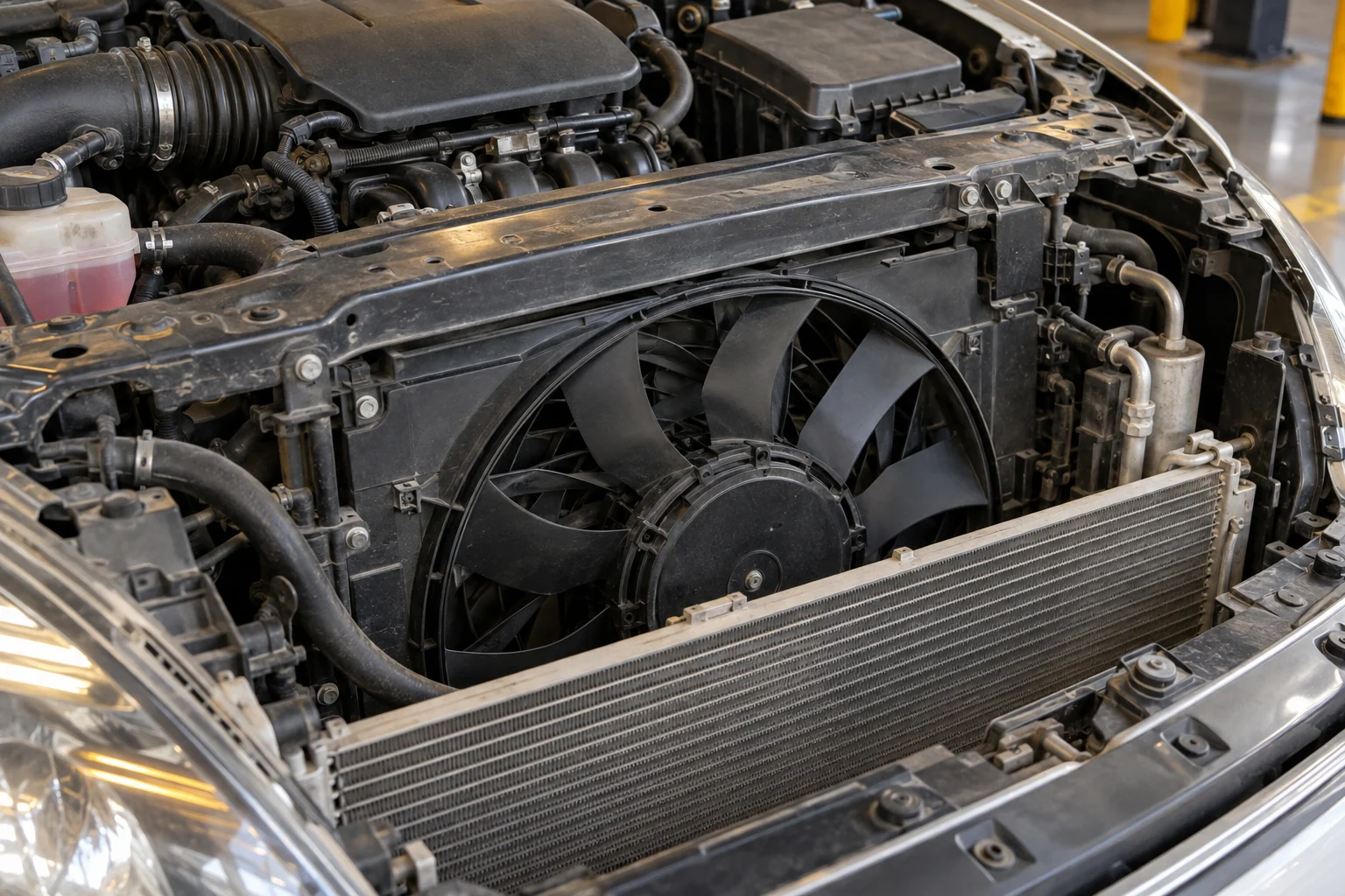 Stationary cooling fan and heat exchanger assembly at the front of an open engine bay
