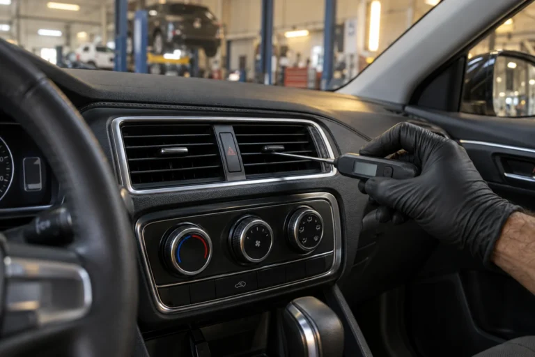 Gloved hand holding a probe thermometer at a car dashboard air vent