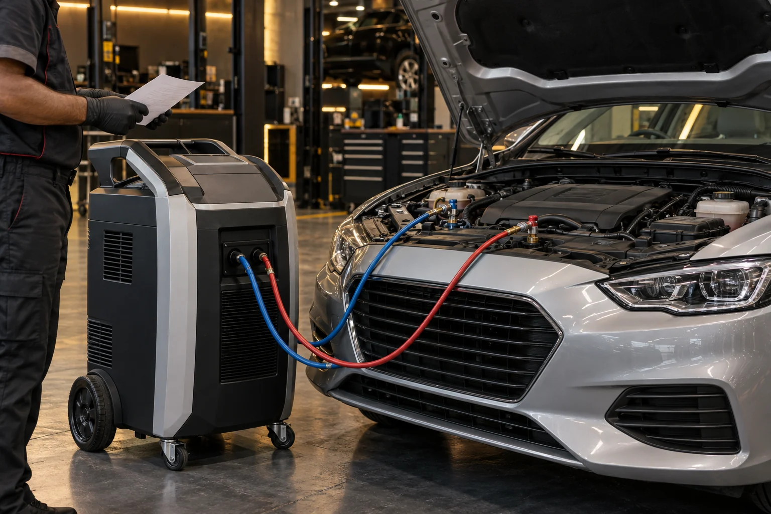 AC service machine with red and blue hoses connected to a car in a workshop