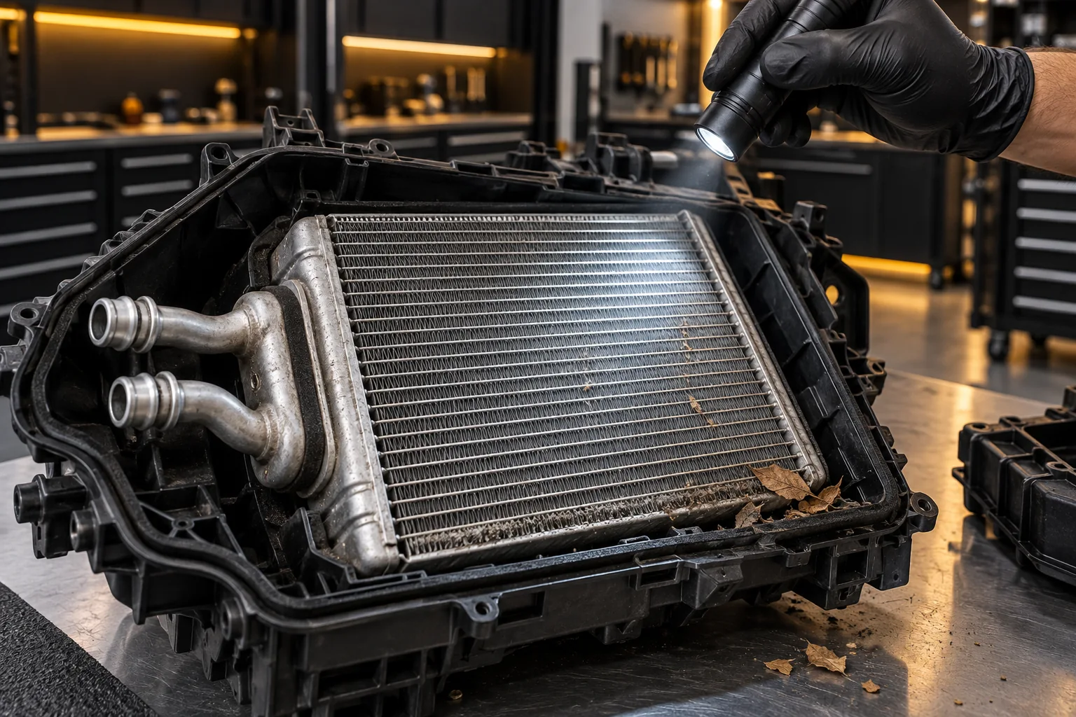 Aluminium AC evaporator fins and leaf debris in an open black HVAC housing