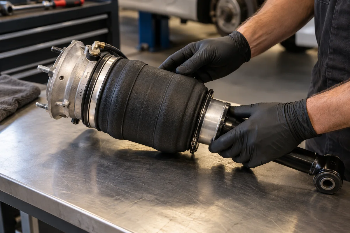 Gloved hands examining the rubber bellows on an air suspension strut
