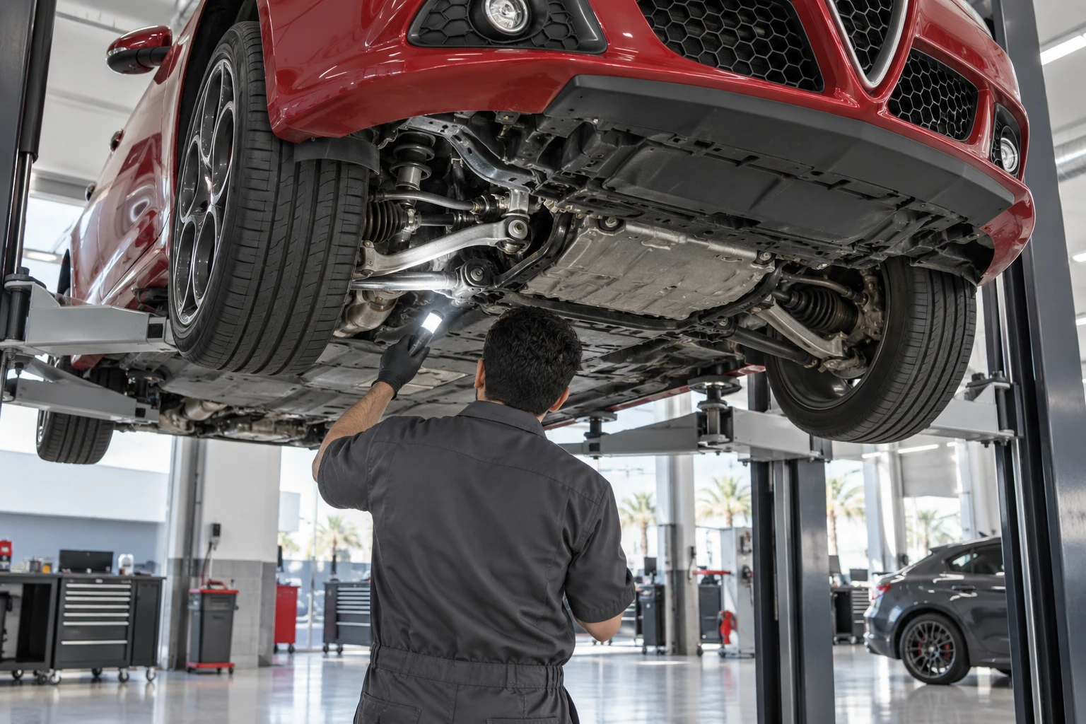 Technician inspecting the suspension underneath an Alfa Romeo Giulietta on a lift
