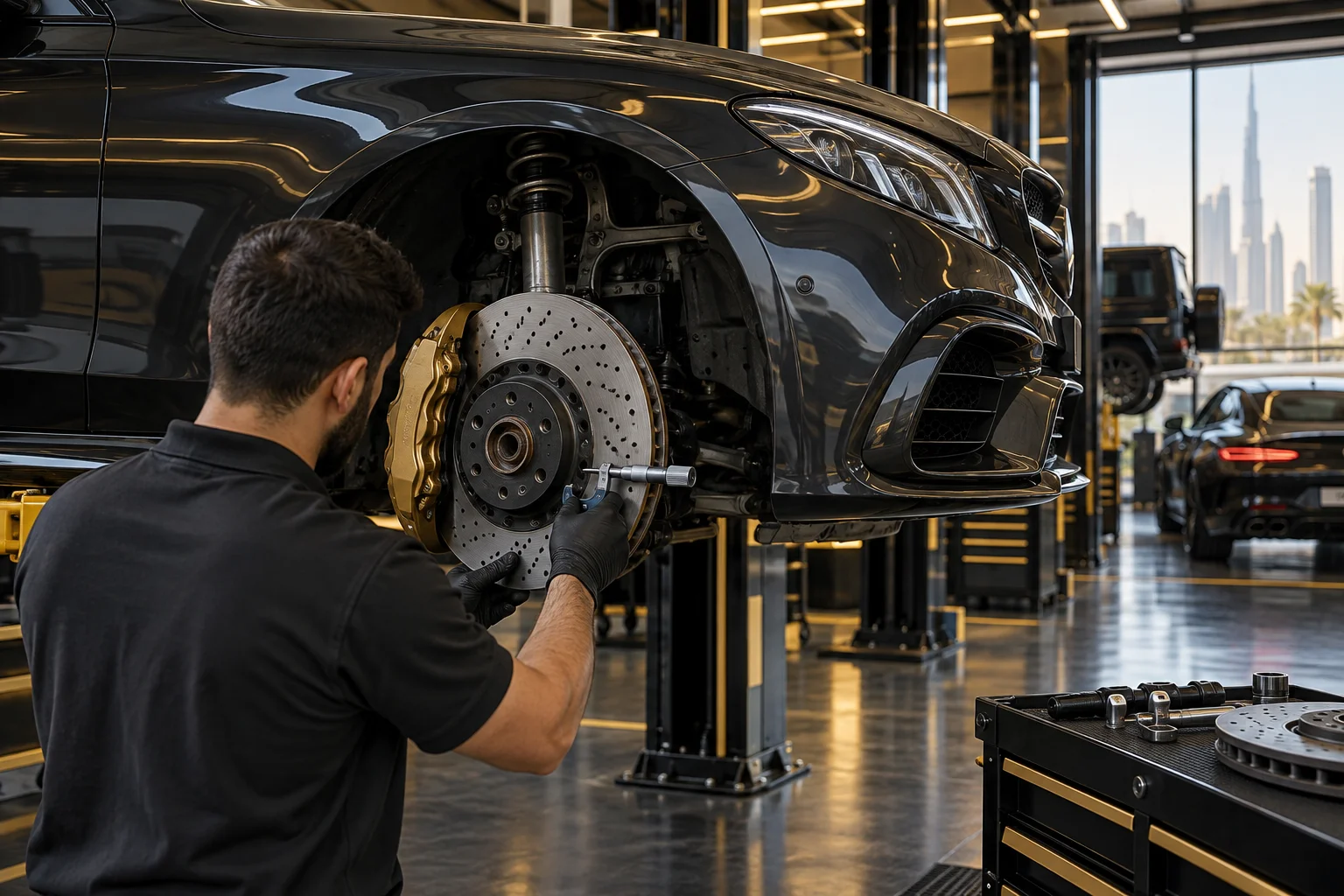 a performance sedan on a lift, front wheel off, a large drilled disc and multi piston caliper, a gloved hand measuring disc thickness with a micrometer