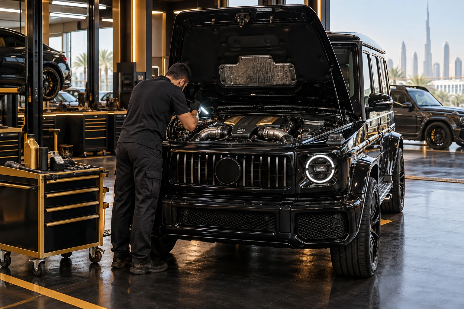 Technician checking a German SUV engine bay