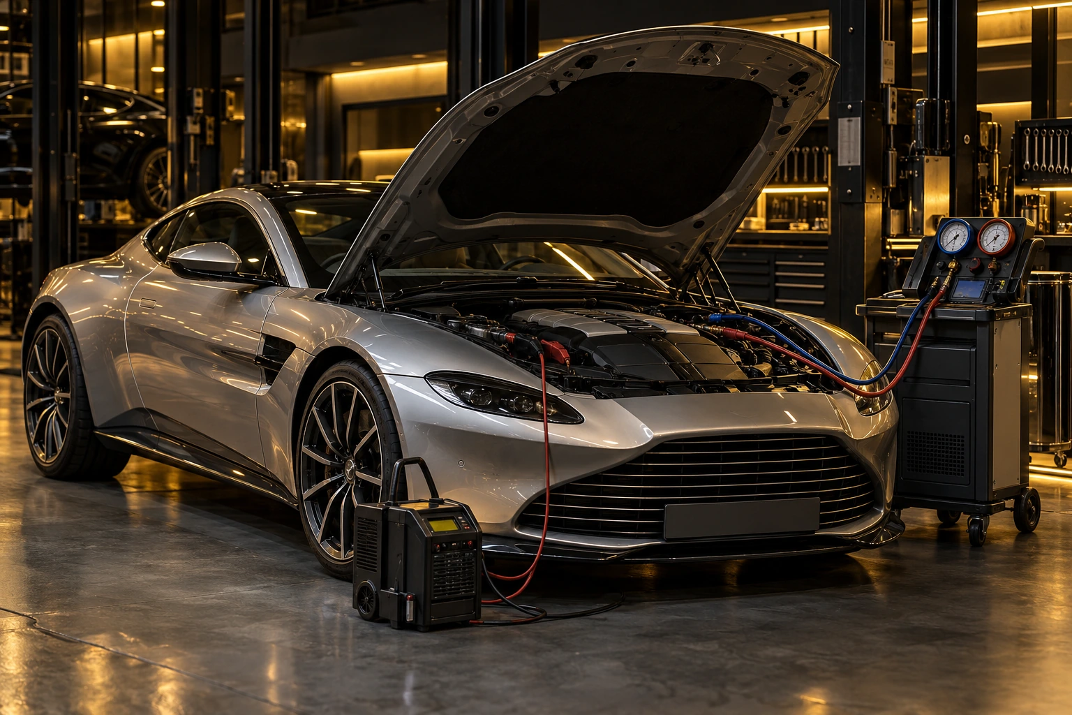 Silver Aston Martin with a battery tester and AC gauges connected