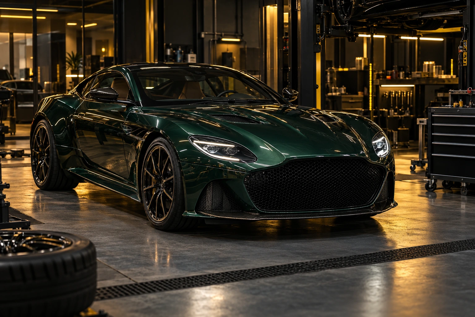 Dark green Aston Martin DBS grand tourer in a workshop bay, front three-quarter view