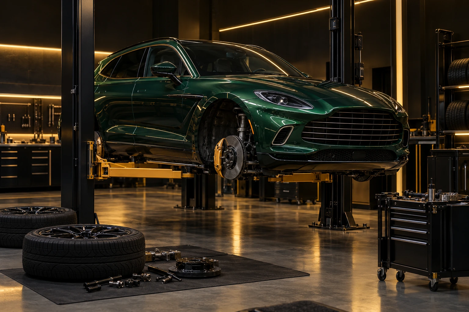 Green Aston Martin DBX SUV on a lift, wheels off