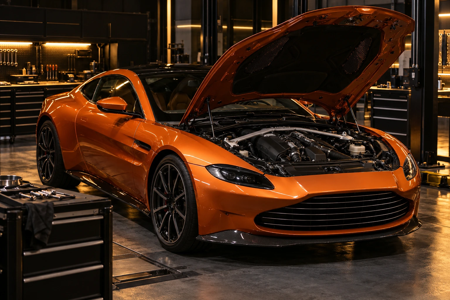 Orange Aston Martin coupe with the bonnet open, V8 engine visible