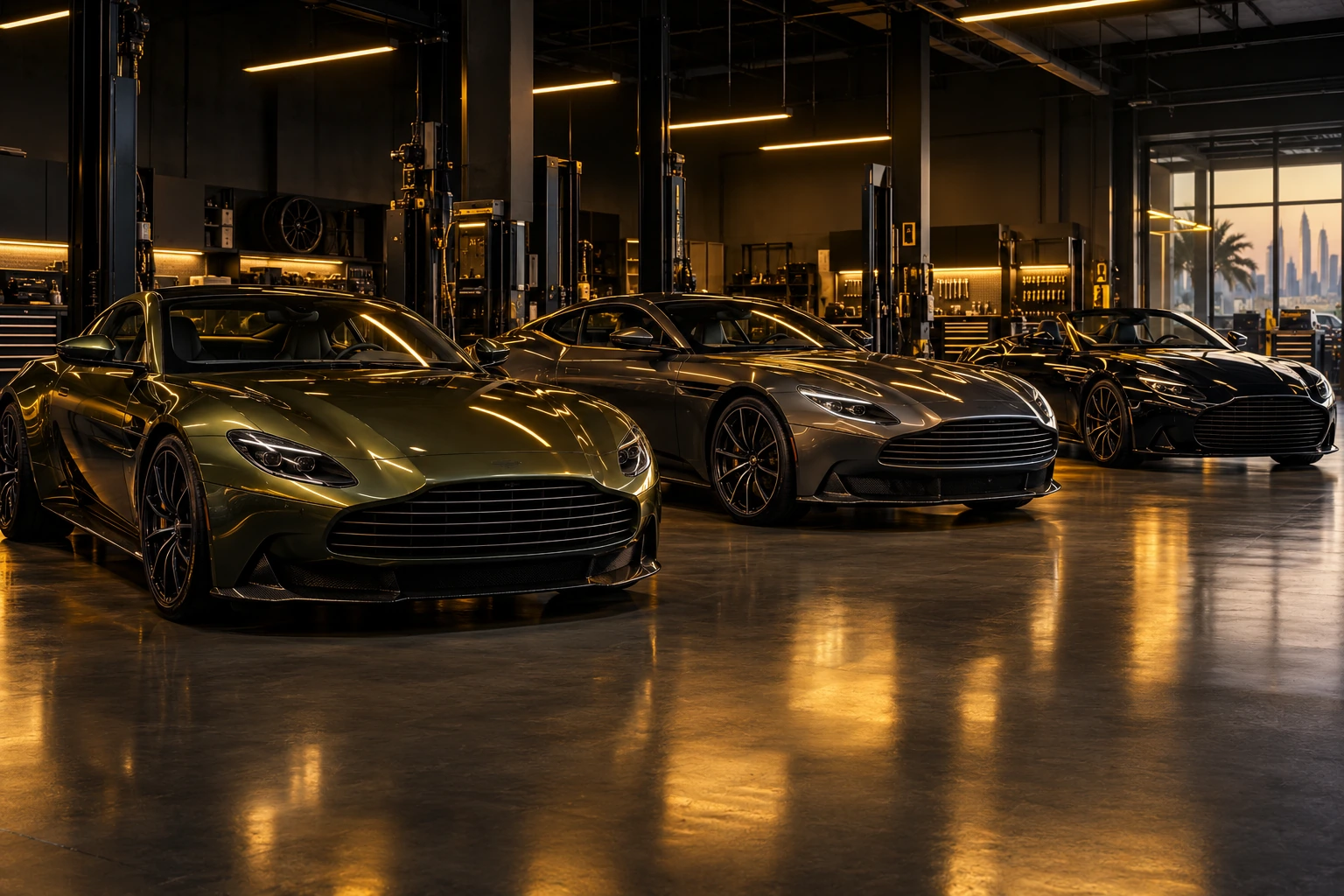 Three Aston Martin sports cars lined up inside a clean workshop