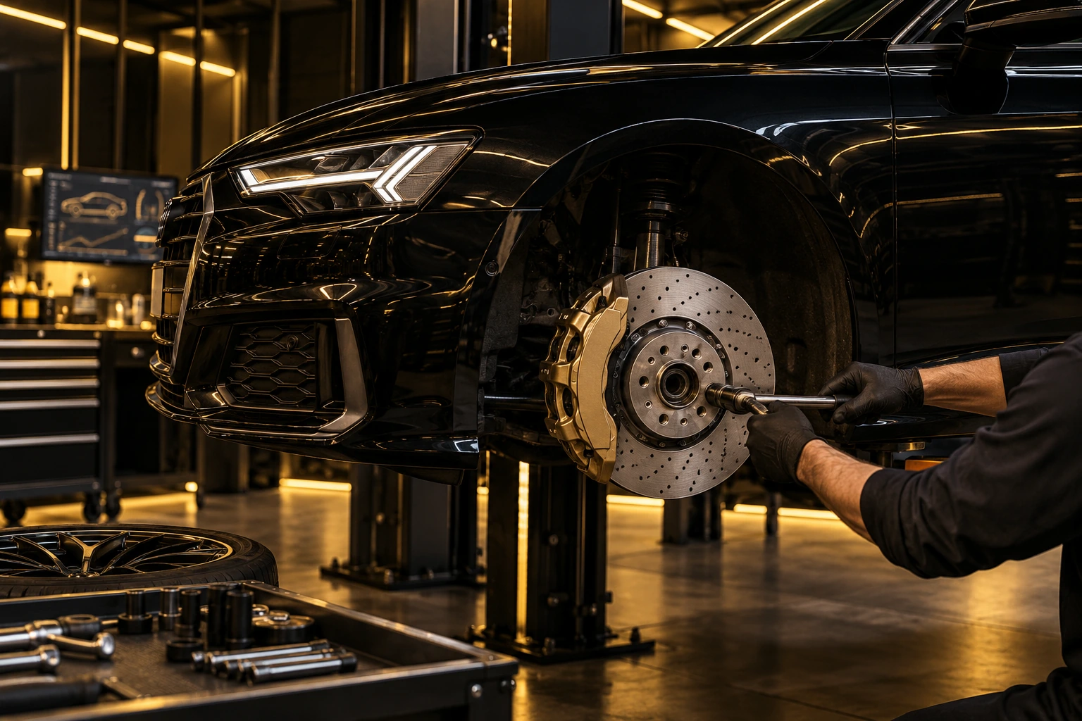Audi brake disc and caliper exposed, wheel removed