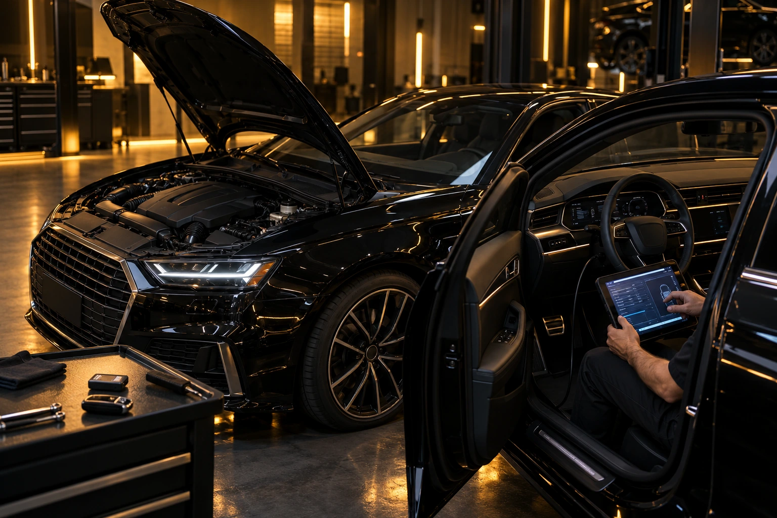 Diagnostic tablet connected inside an Audi cabin, screen glowing