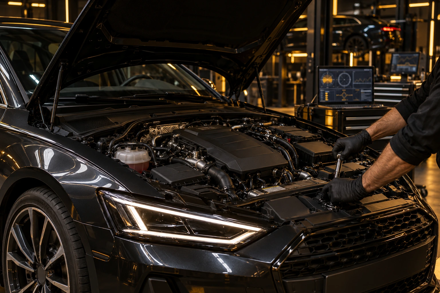 Technician’s hands working in an Audi TFSI engine bay
