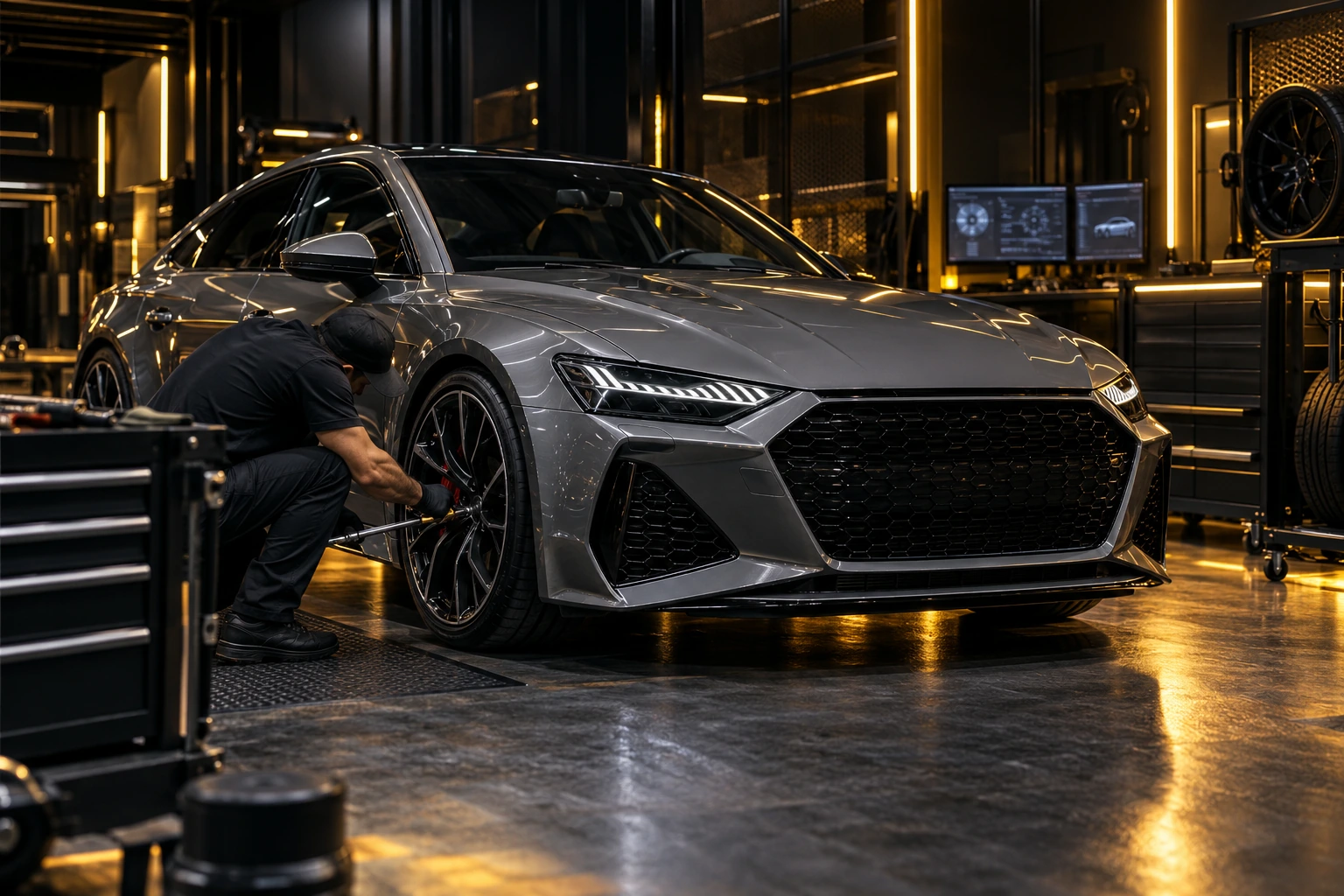 Grey Audi RS model in a dark workshop, large alloy wheels