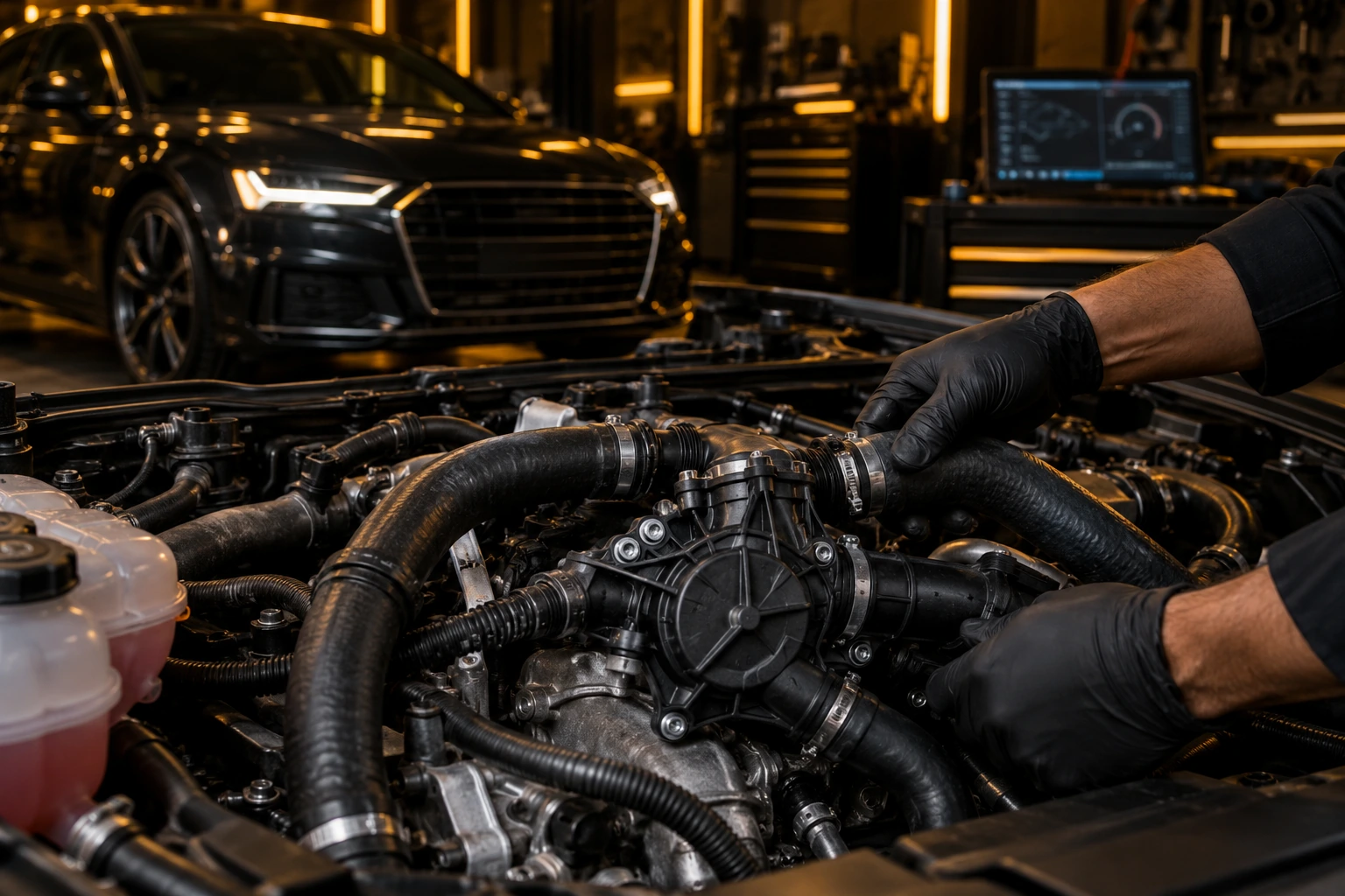 Close-up of the plastic water pump and coolant hoses on an Audi engine