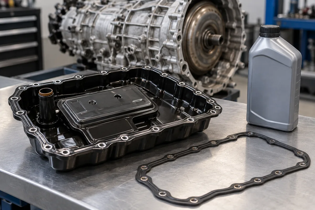 Automatic transmission oil pan, filter, gasket and fluid bottle