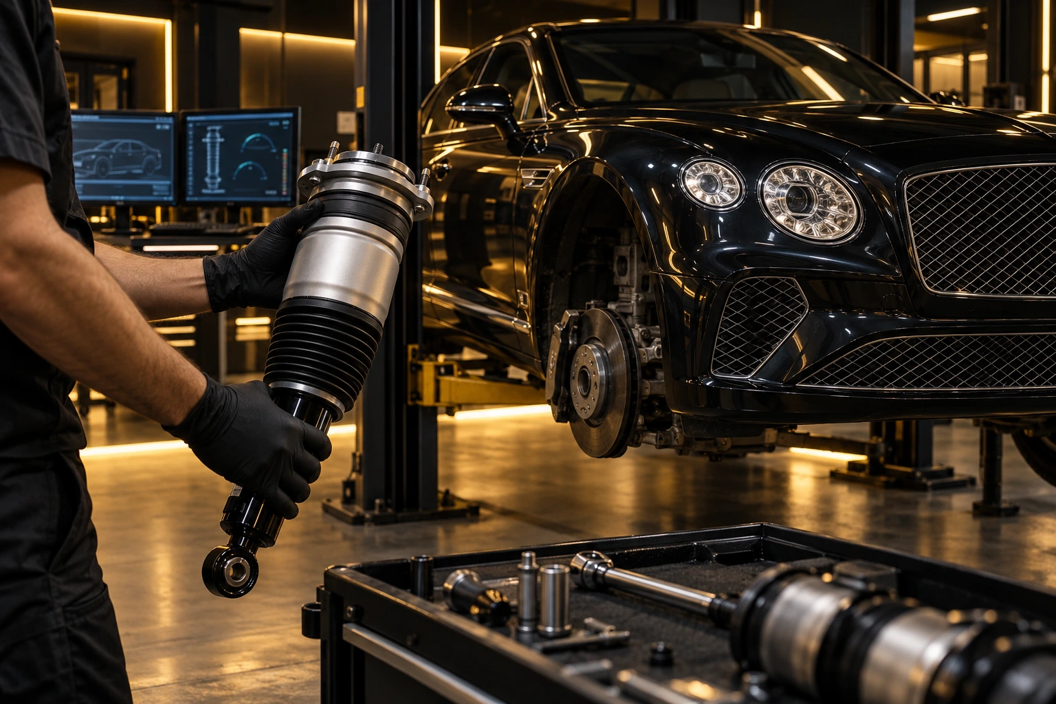 Technician’s hands holding a Bentley air suspension strut