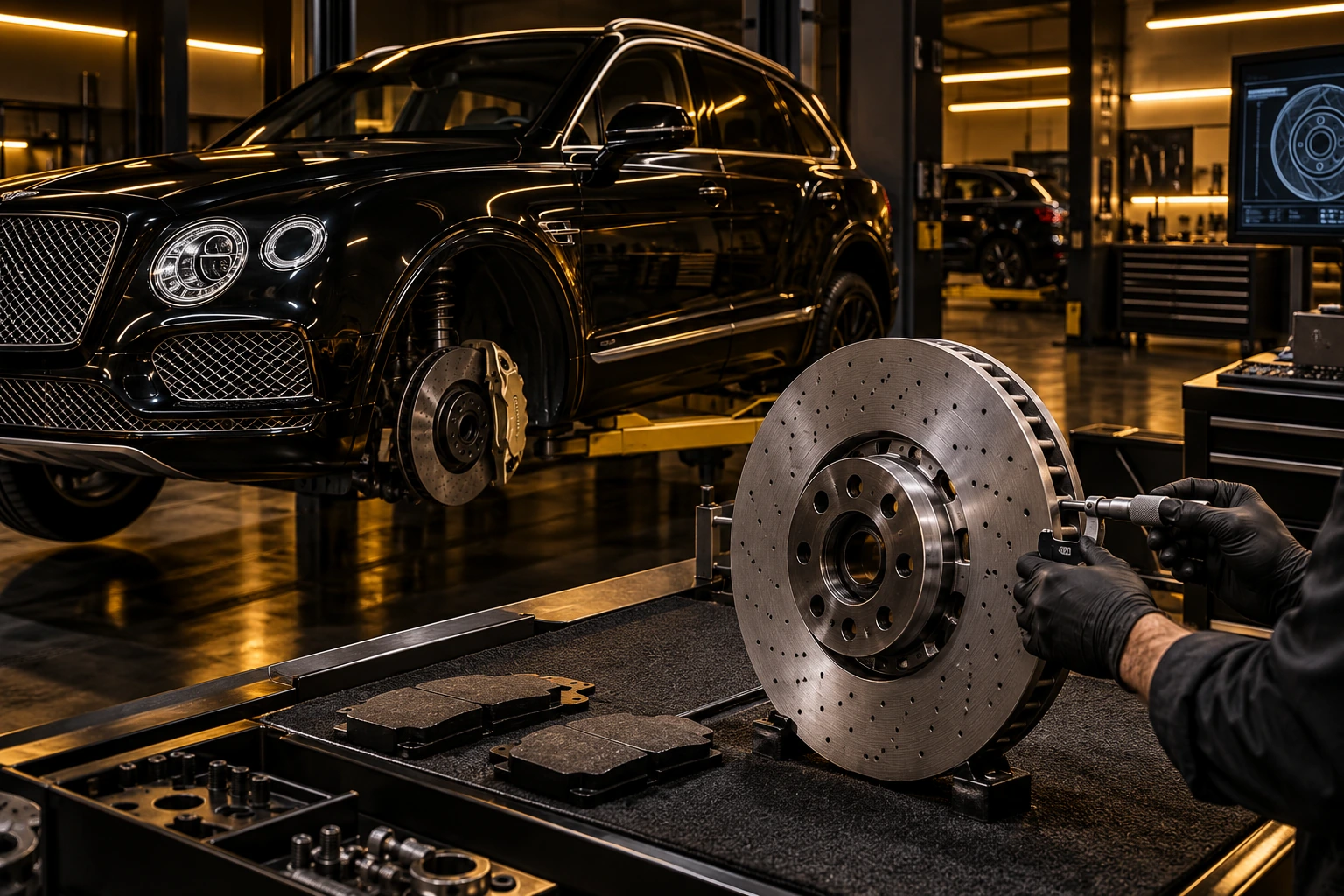 Large Bentley Bentayga brake disc measured with a micrometer on the bench