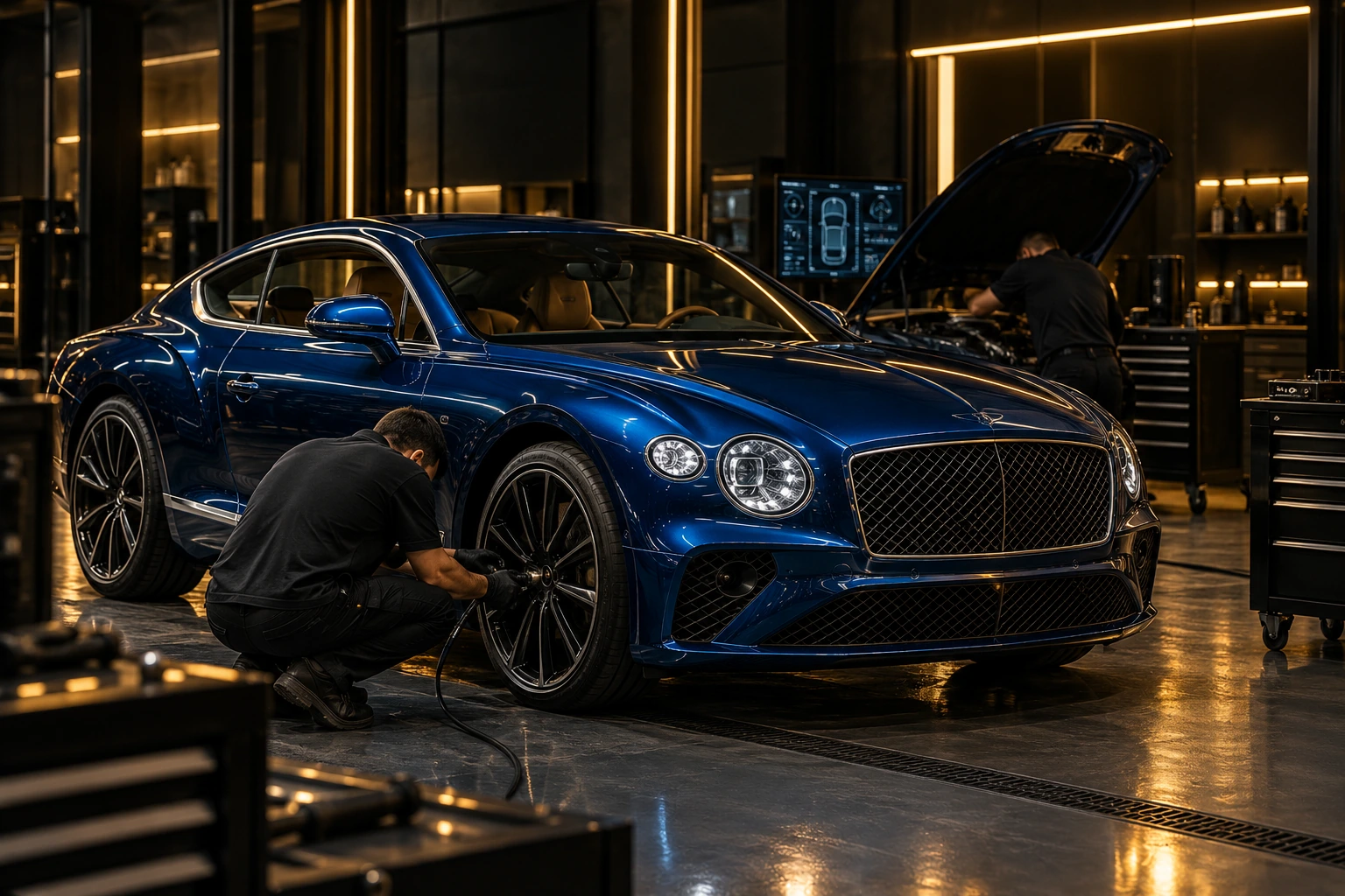 Blue Bentley Continental GT in a dark workshop bay