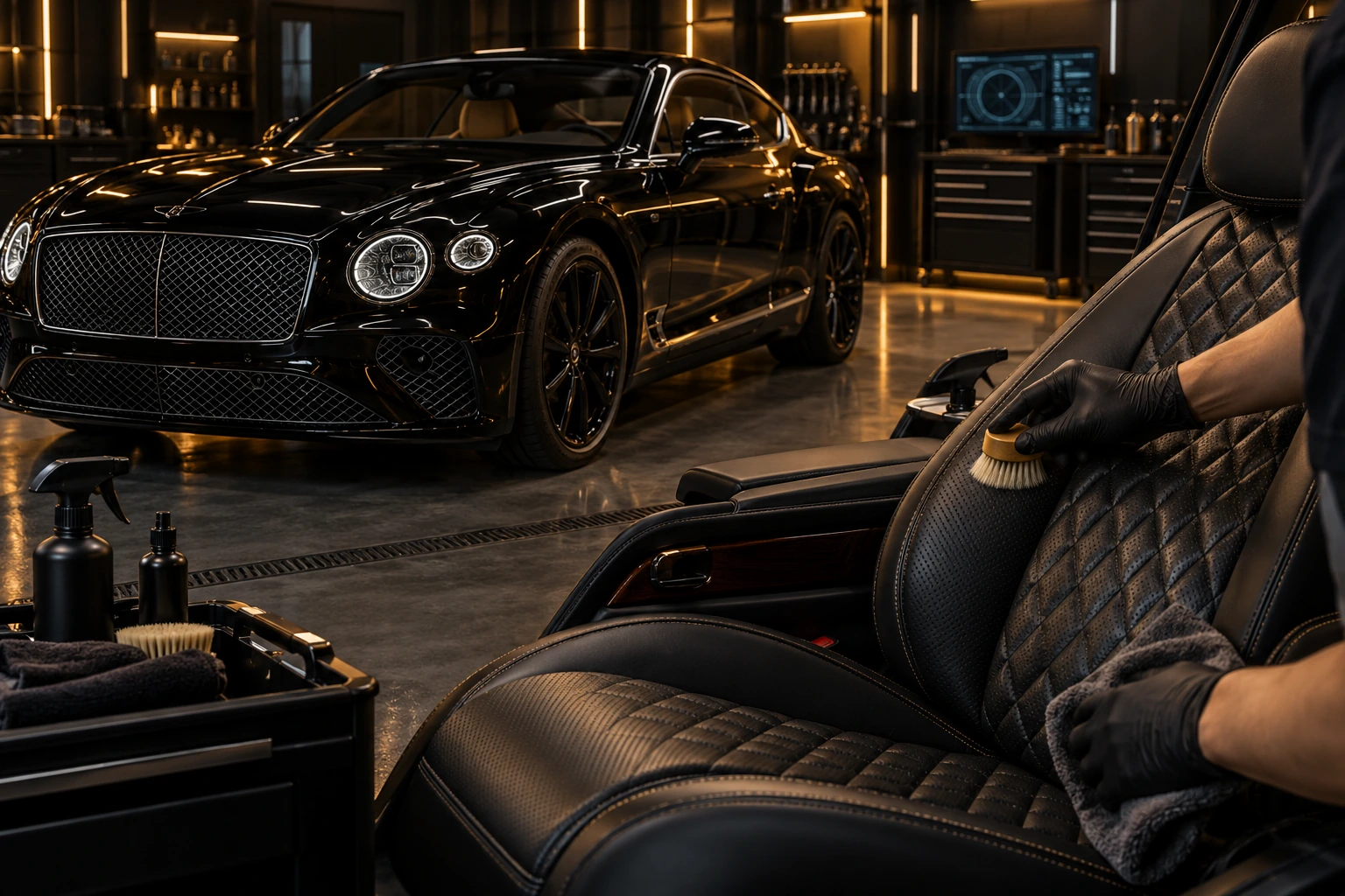 Diamond-quilted Bentley leather seats being cleaned with a soft brush