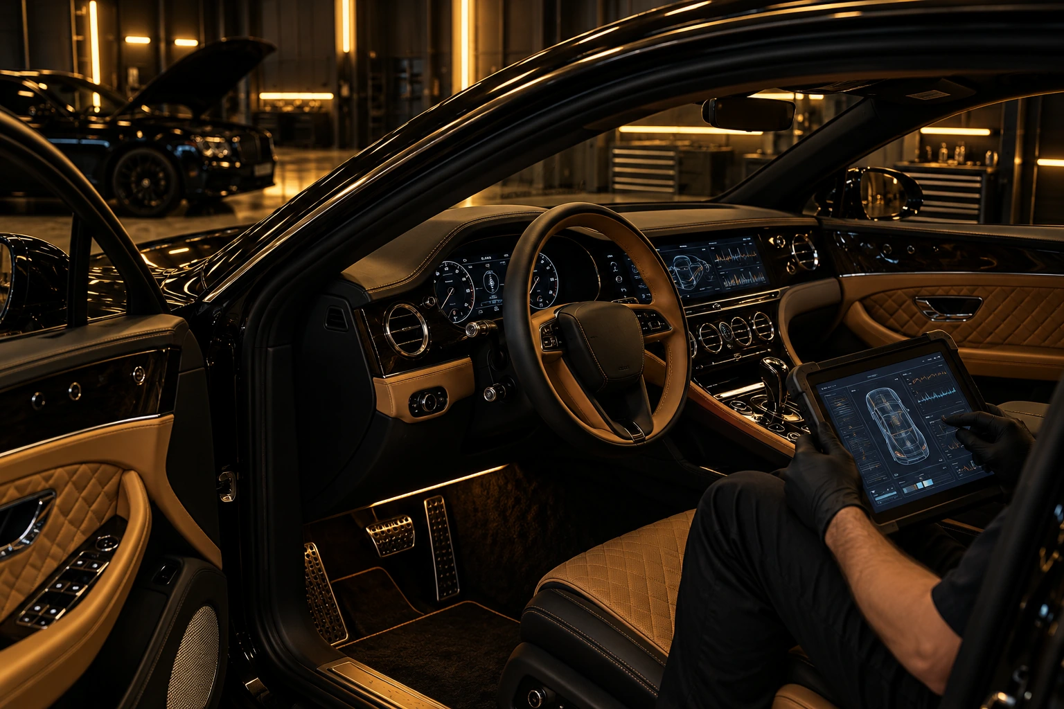 Diagnostic tablet in a quilted-leather Bentley luxury cabin