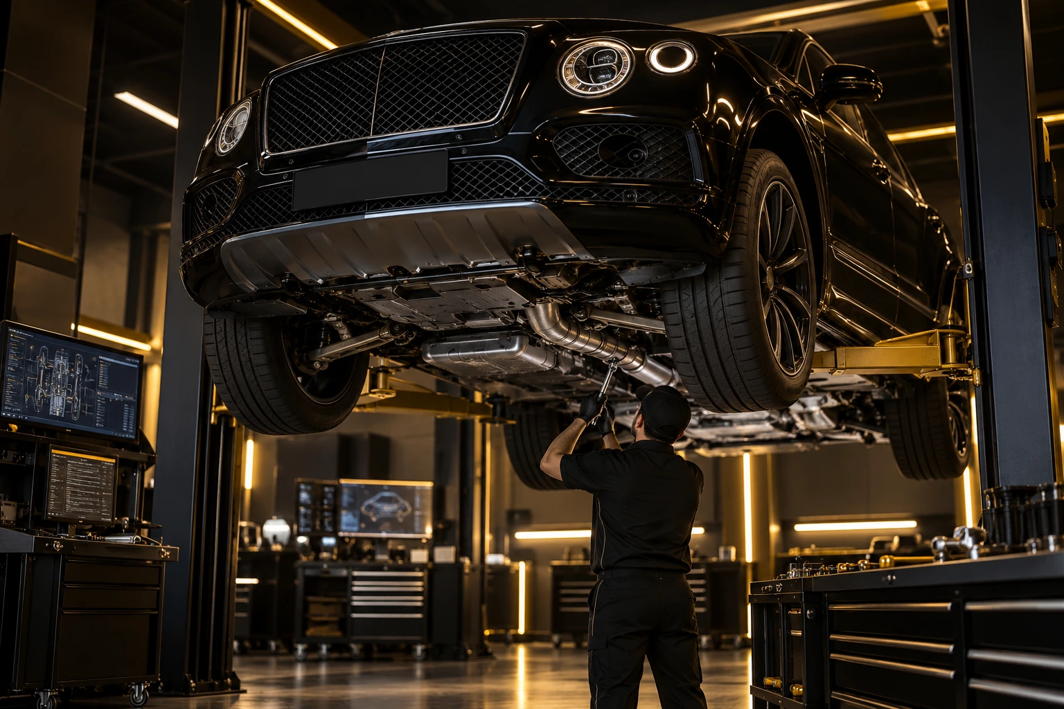 Bentley Bentayga on a lift, underbody view