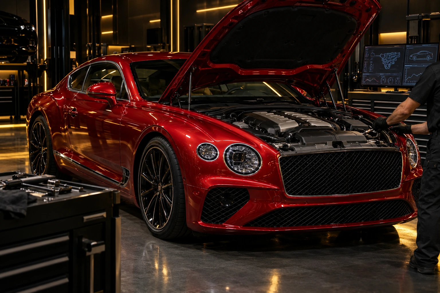 Red Bentley Continental GT V8, bonnet open