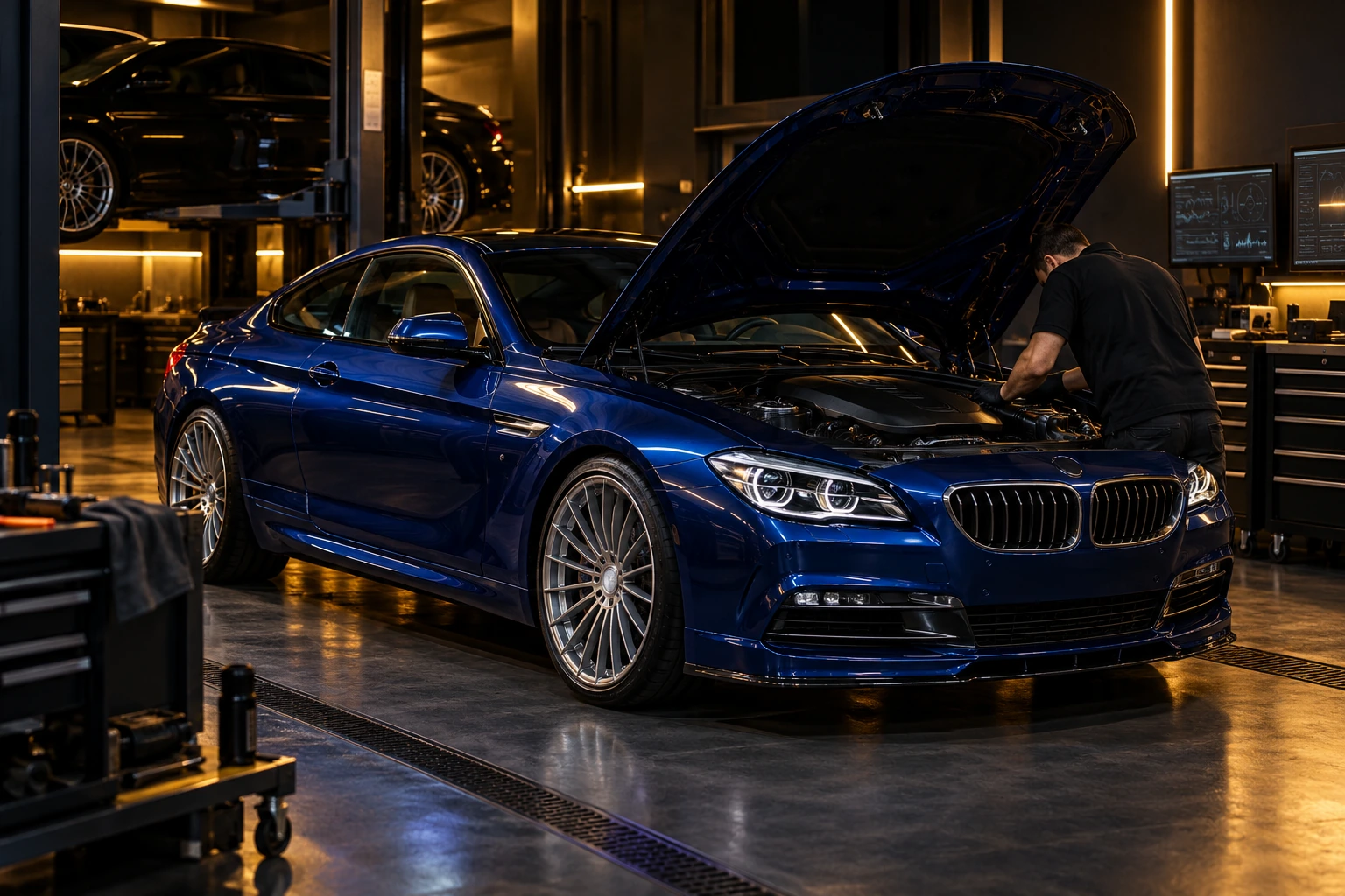 Blue BMW Alpina B6 coupe in a dark workshop