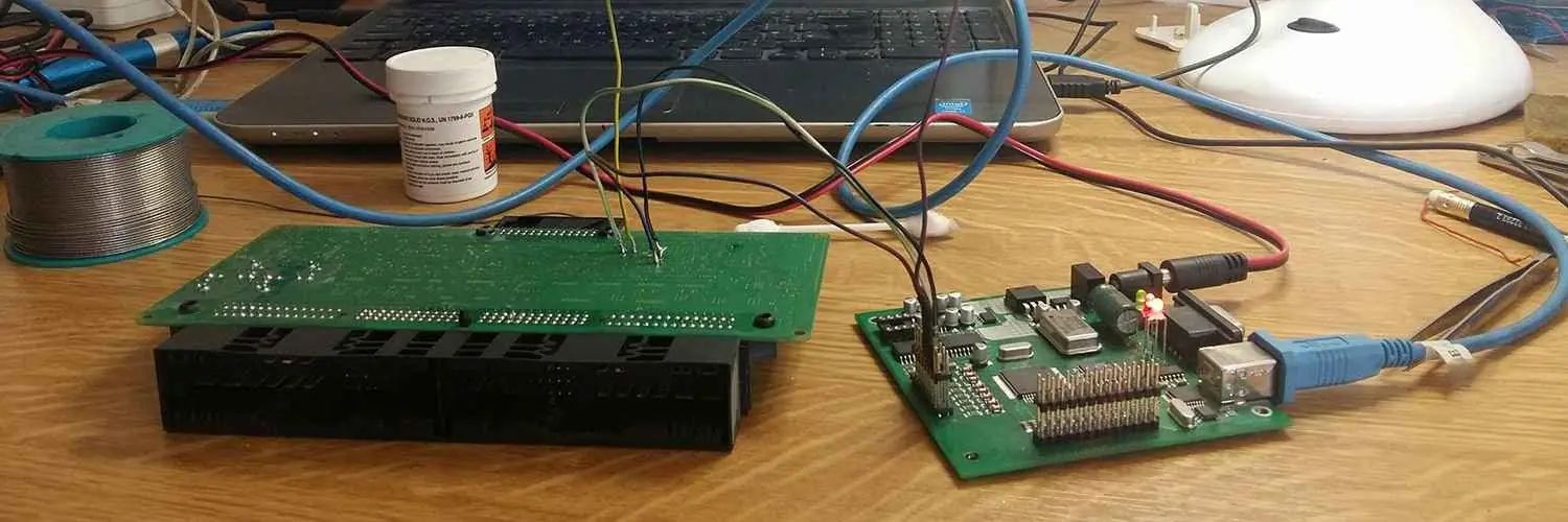 Footwell module electronics connected to bench testing equipment