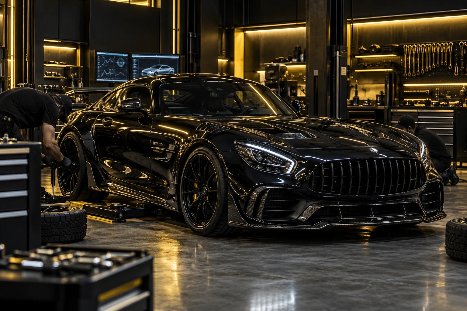Black Brabus-tuned Mercedes-AMG GT inside the workshop