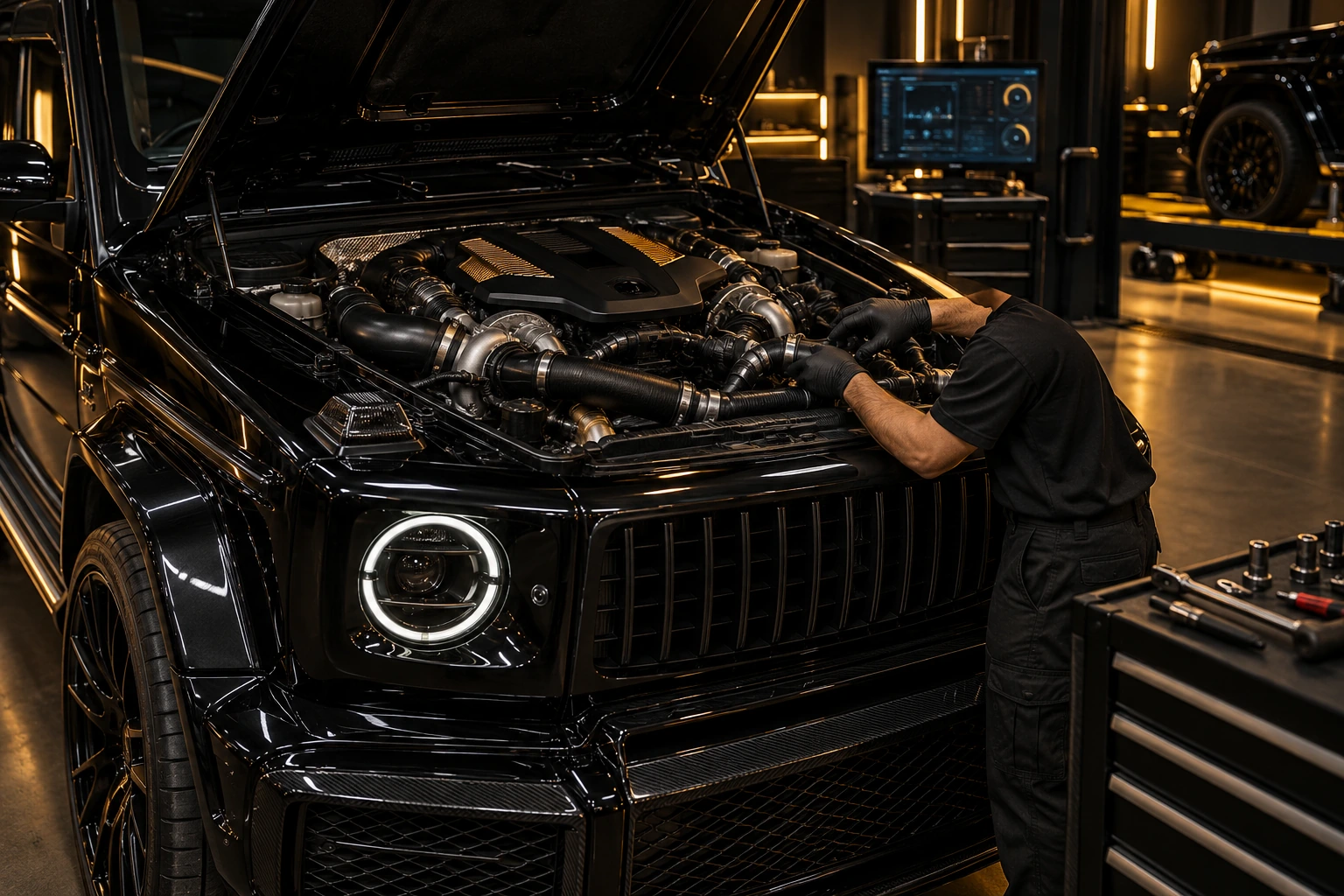 Technician checking the cooling hoses on a twin-turbo V8