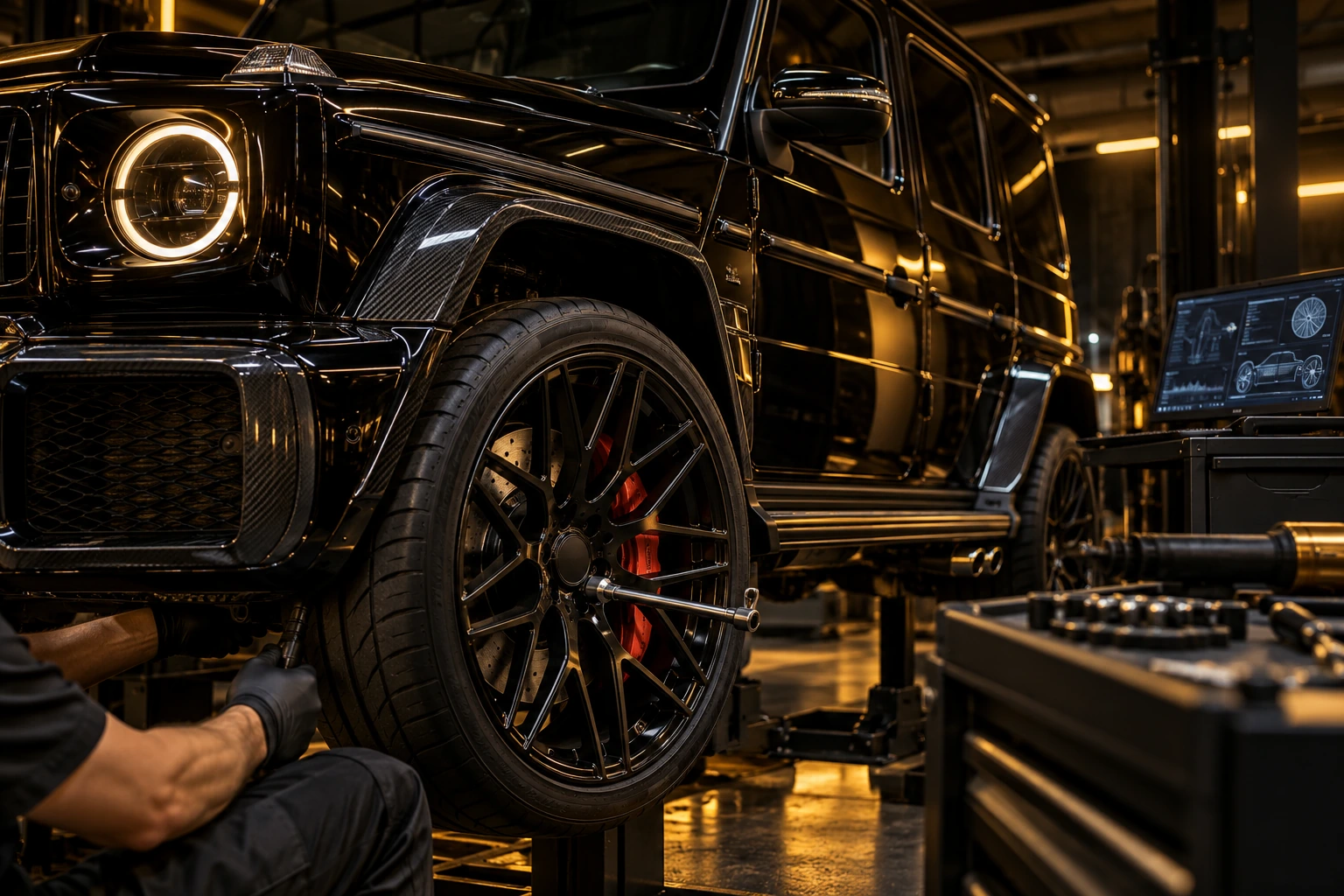 Black Brabus G-Class, close-up of forged wheel and red brake caliper