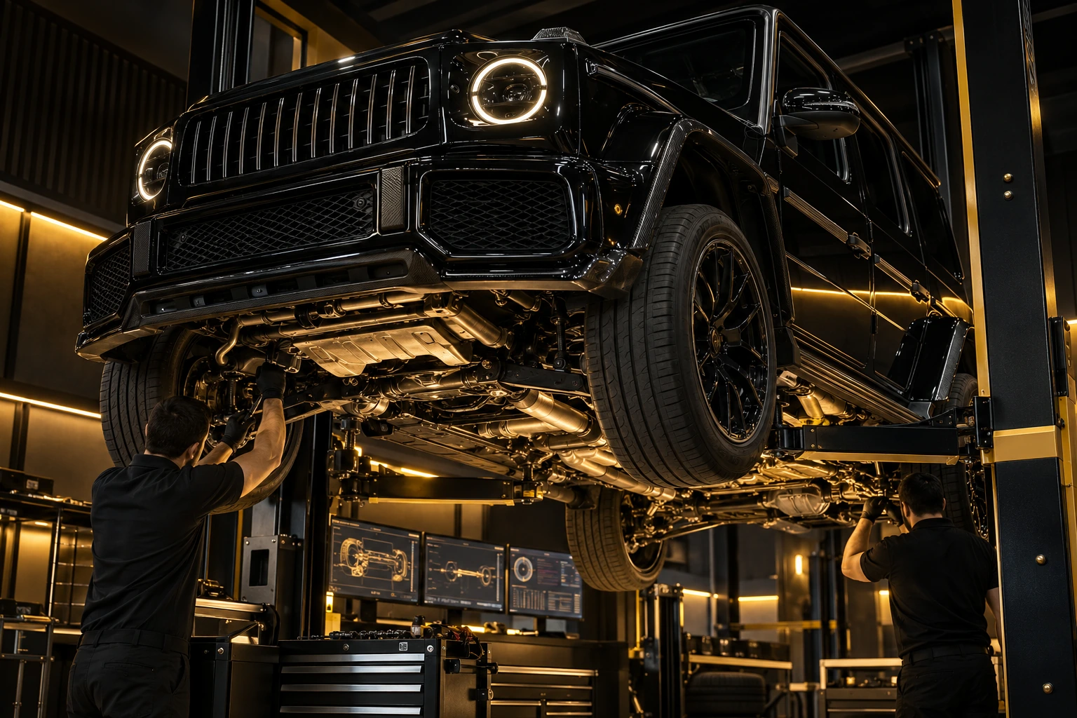 G-Class on a lift, underbody and axles visible