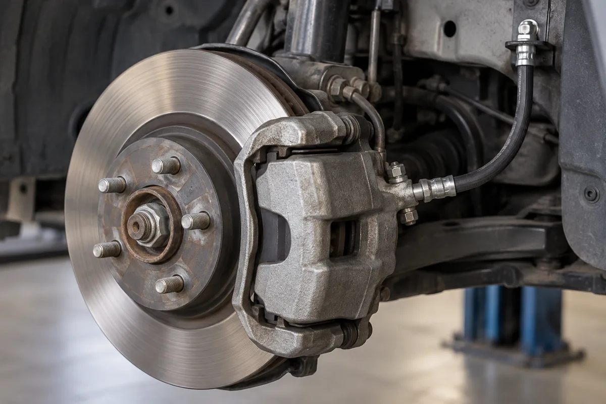 Brake caliper and flexible brake hose on an exposed wheel assembly