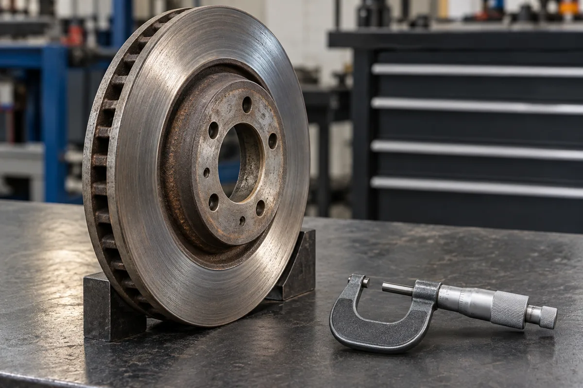 A used steel brake disc with an external micrometer on a workshop bench