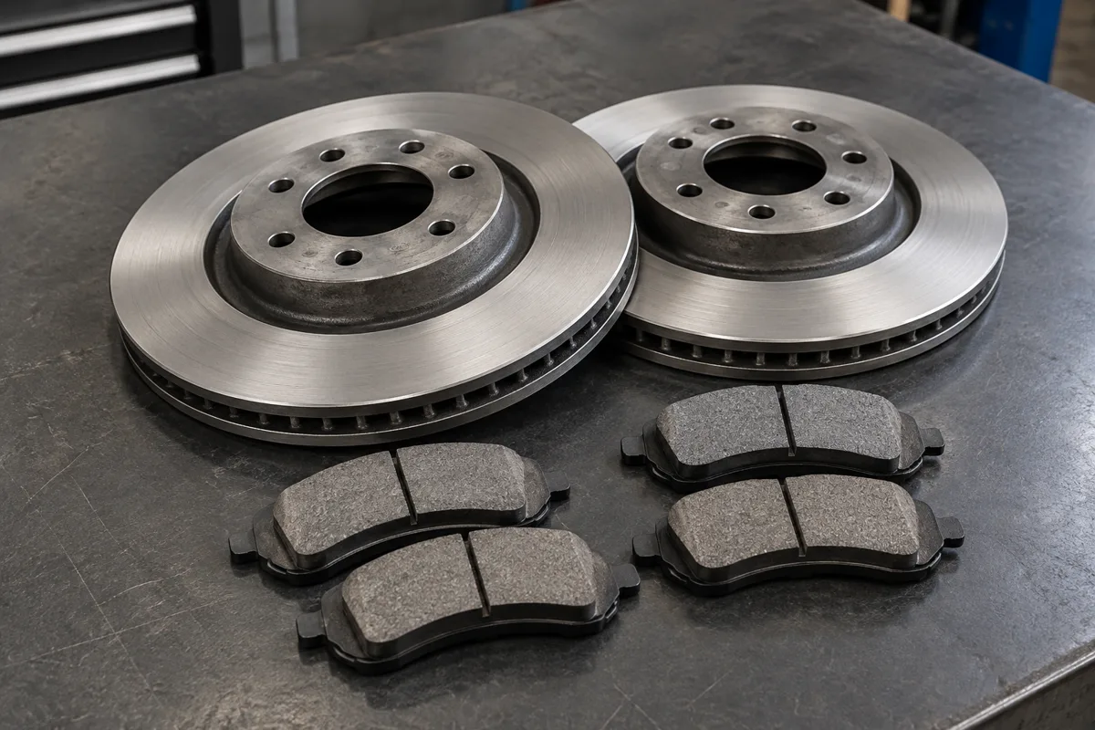 Two conventional steel brake discs and a matching set of brake pads on a bench