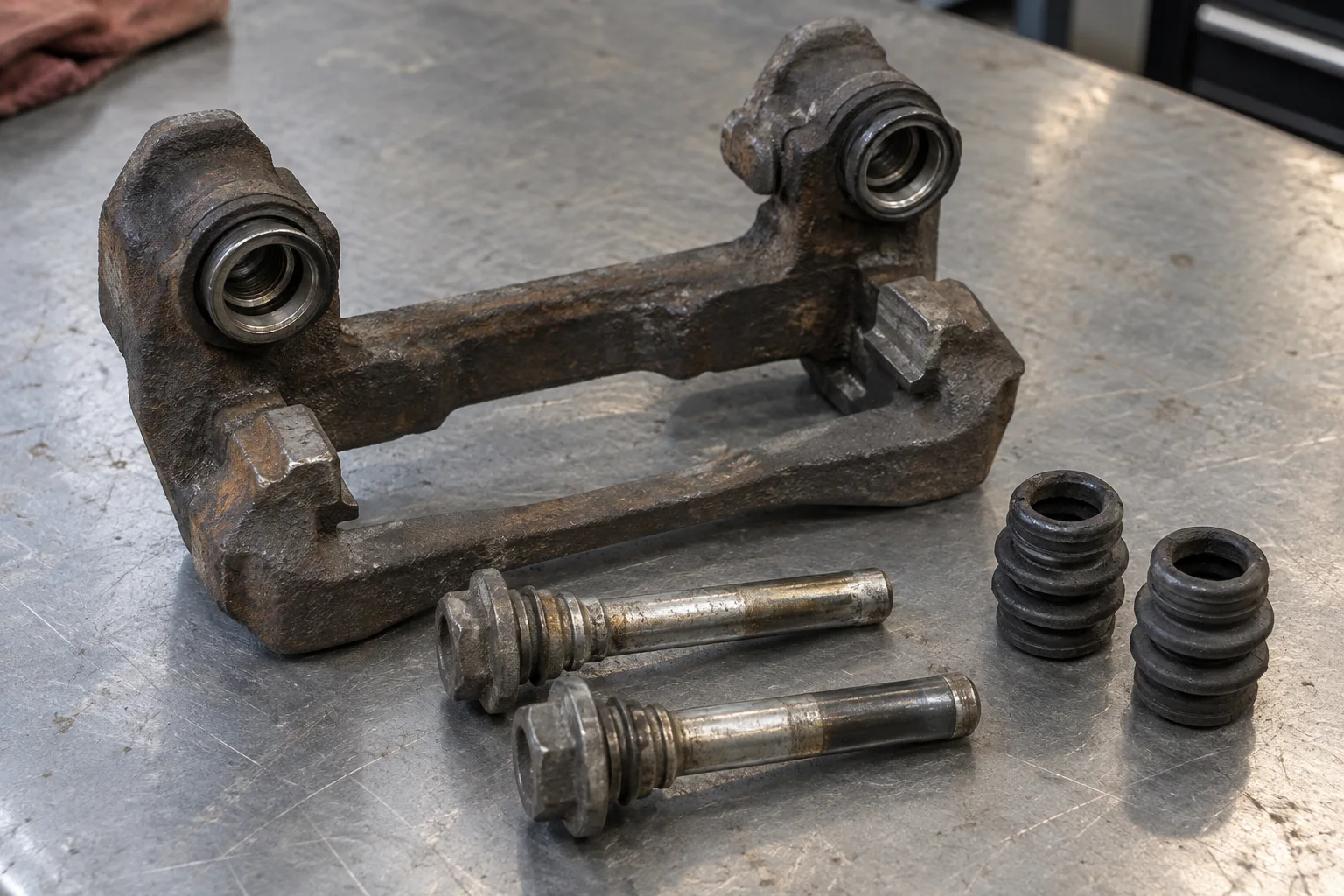 Removed floating caliper bracket, slide pins and rubber boots on a workbench