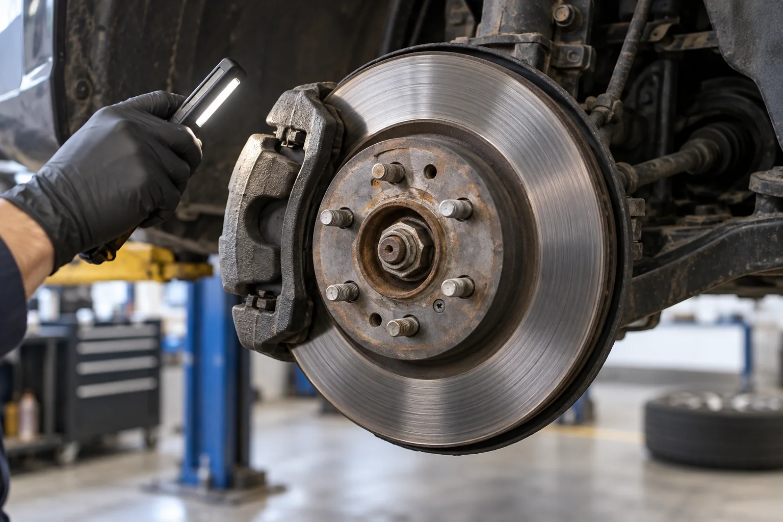 Brake disc and caliper inspected with a workshop lamp