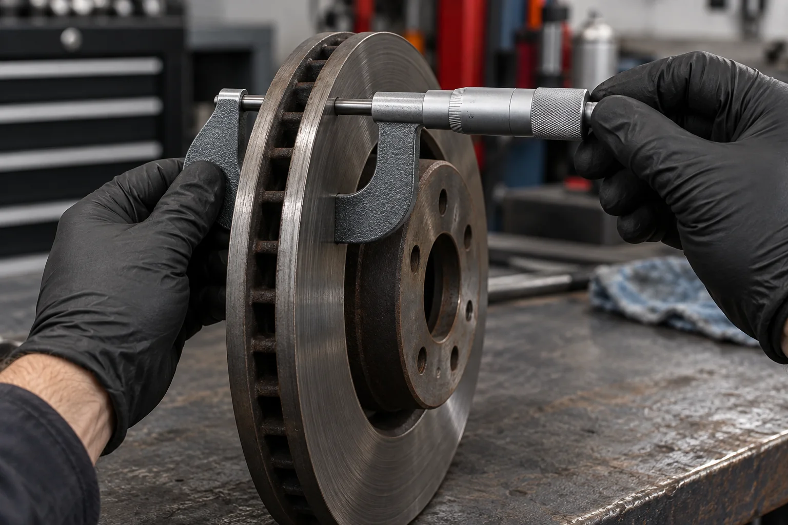 Micrometer positioned across a brake disc for a thickness check